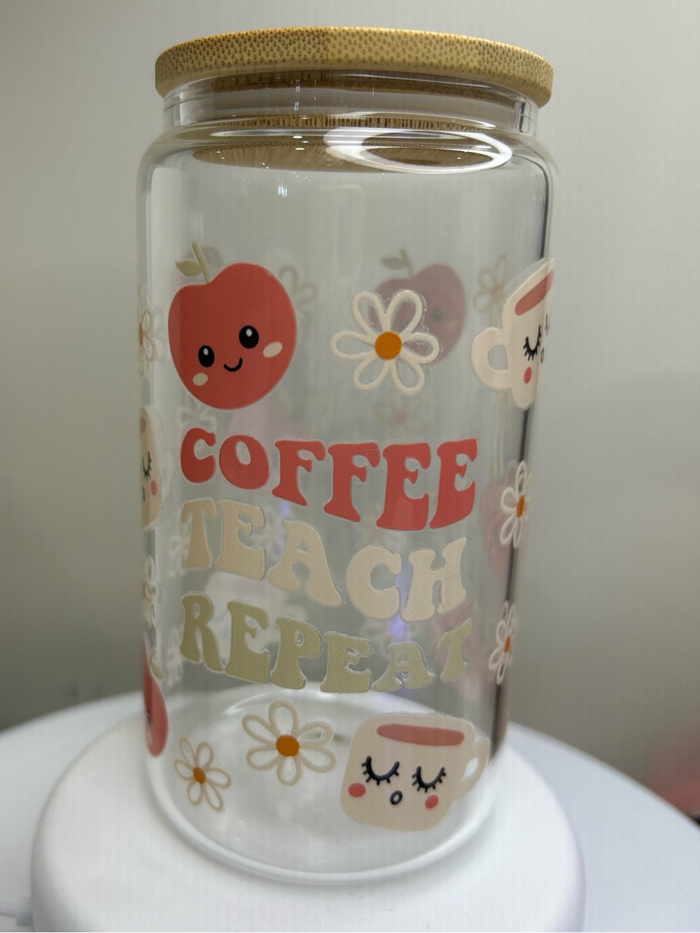 Coffee Teach Repeat 16oz Glass Tumbler with Bamboo Lid and Glass Straw